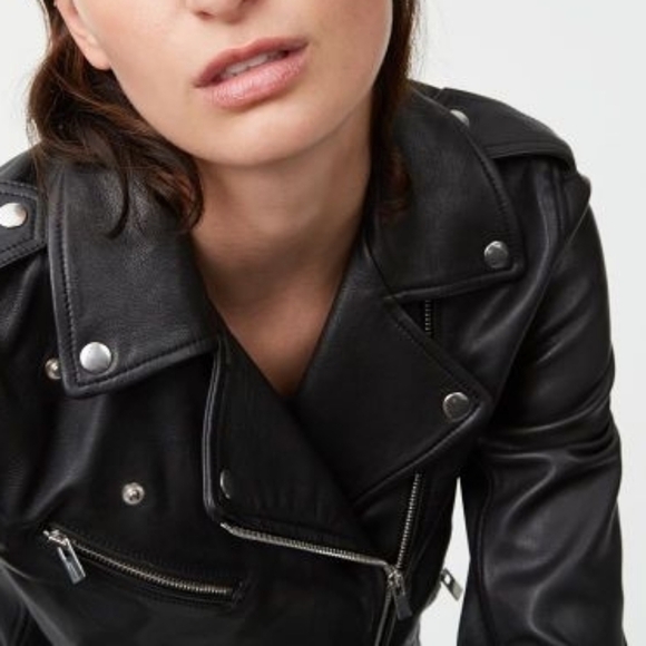 CLUB MONACO 100% Lamb Leather Jacket Gracella Biker Coat Black XS - Picture 7 of 16